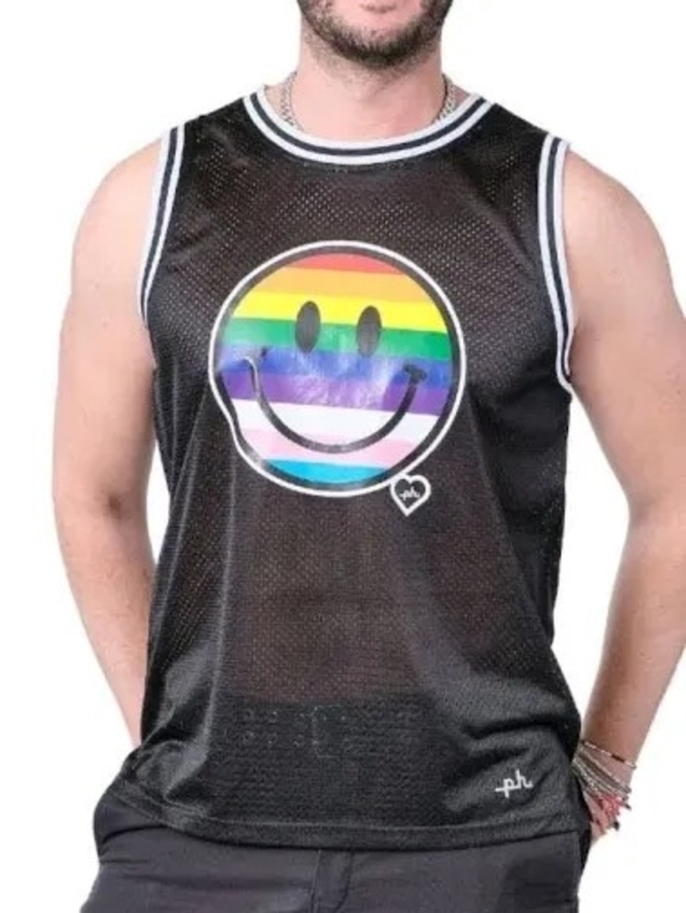 The Phluid Project Black Mesh Short Sleeve Tee with Rainbow Smiley UNISEX